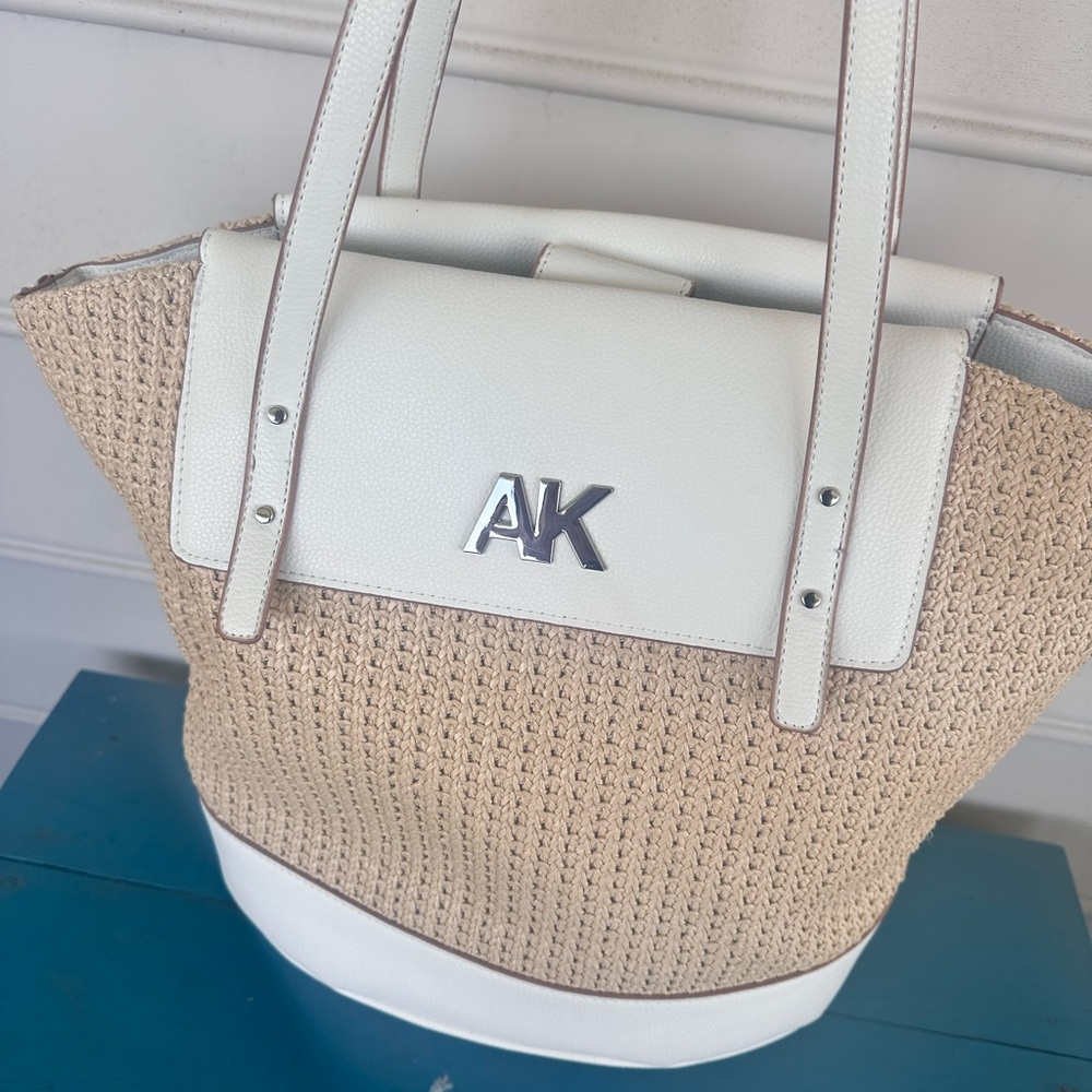 Anne Klein White and Tan Tote with Textured Woven Design